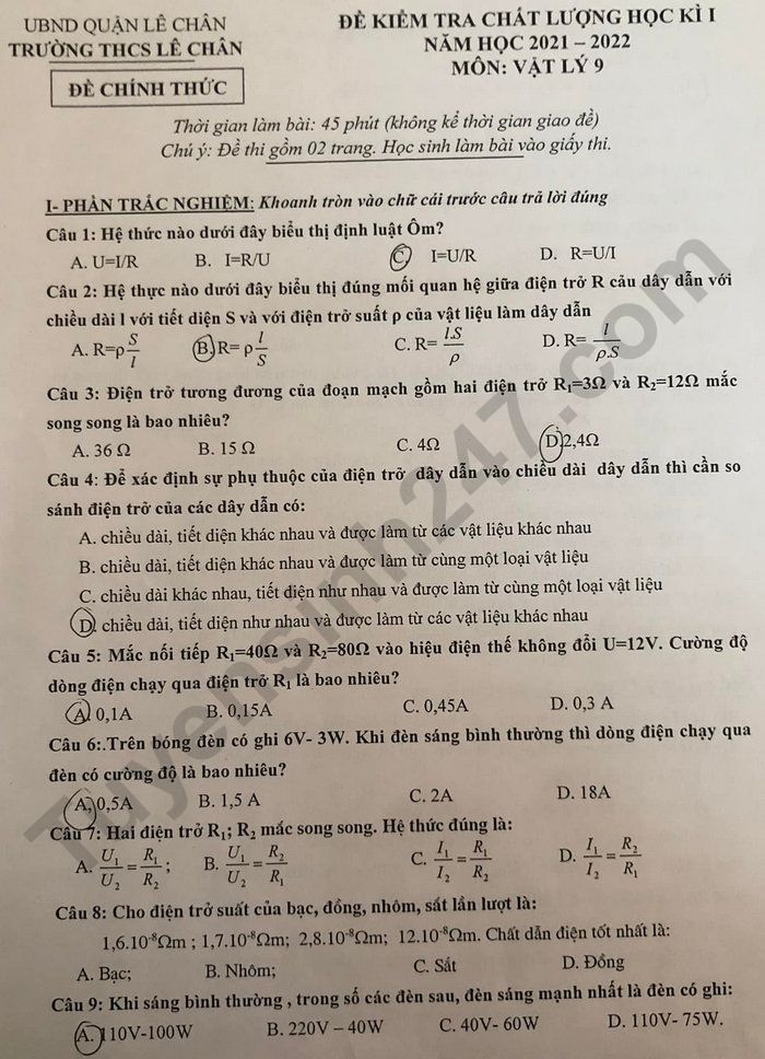 Đề thi học kì 1 năm 2021 THCS Lê Chân - lớp 9 môn Lý