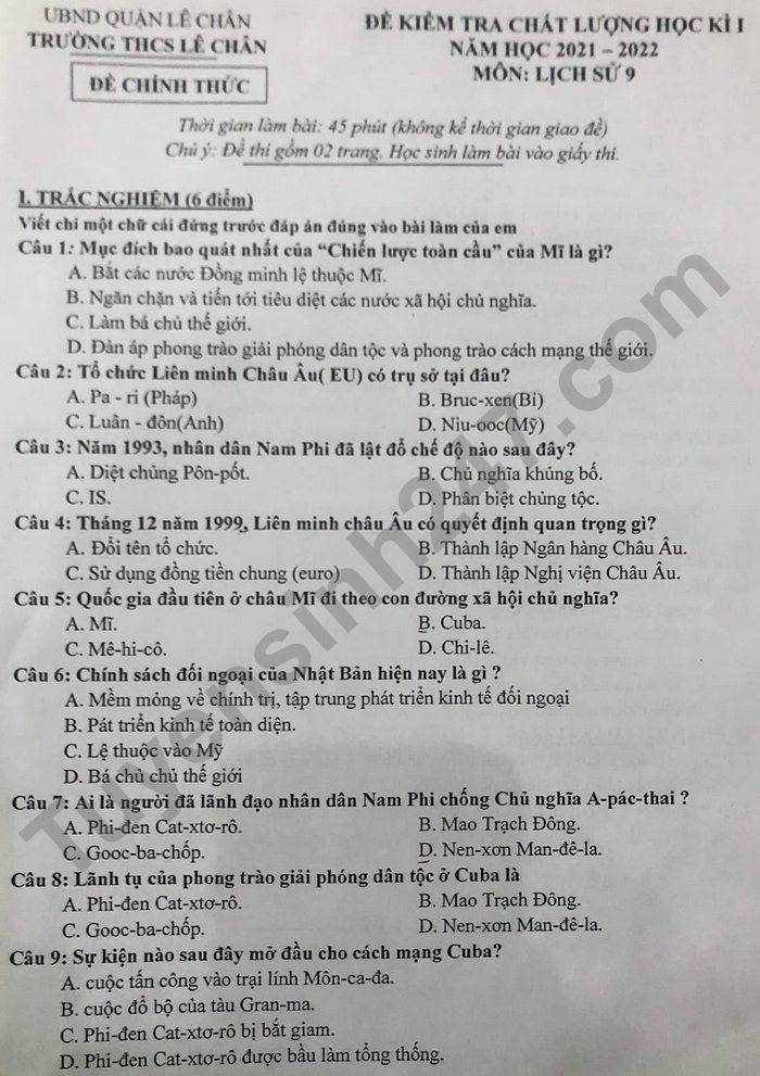 Đề kiểm tra học kì 1 lớp 9 môn Sử 2021 - THCS Lê Chân