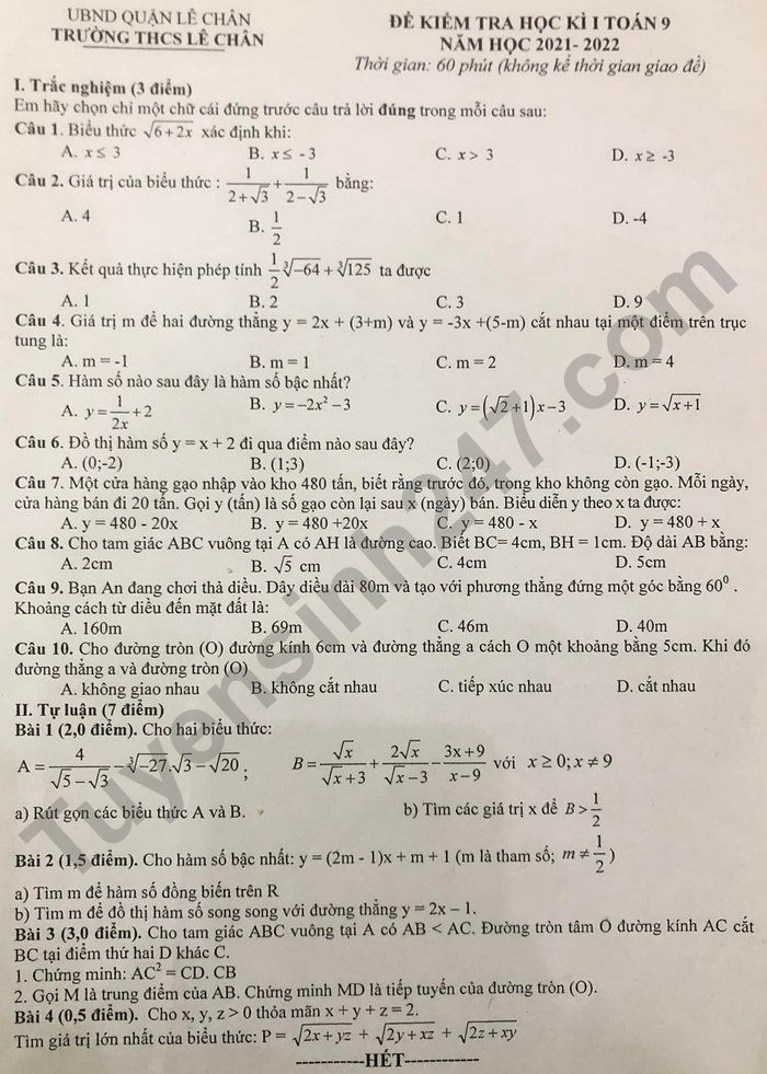 Đề thi học kì 1 năm 2021 THCS Lê Chân - lớp 9 môn Toán