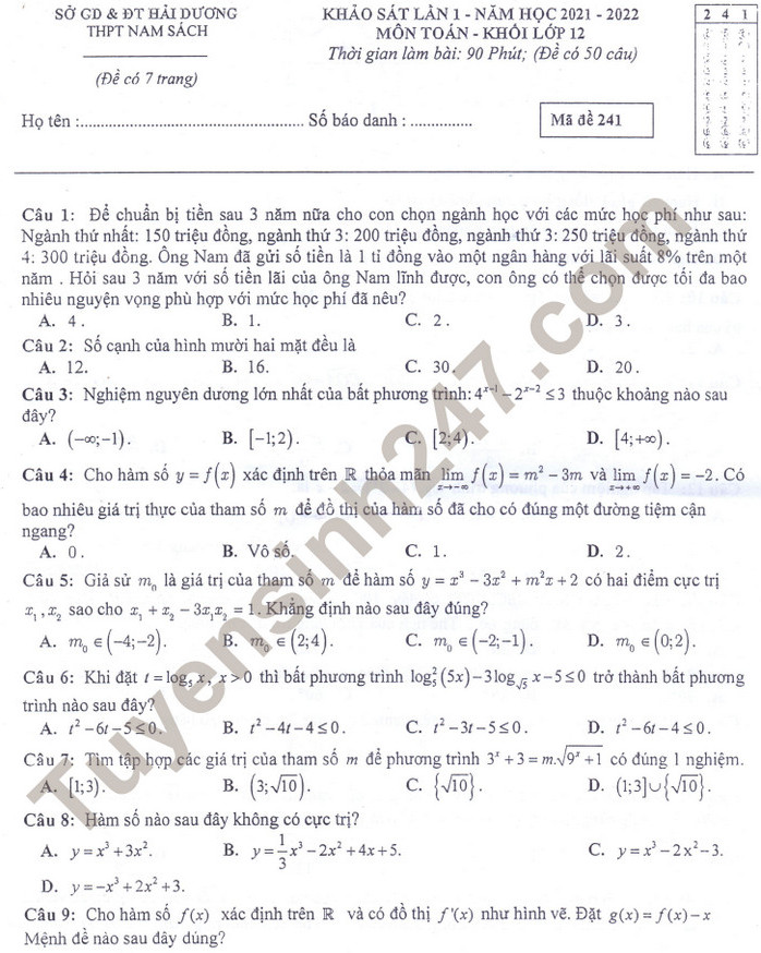 Đề thi khảo sát lần 1 lớp 12 môn Toán - THPT Nam Sách 2021