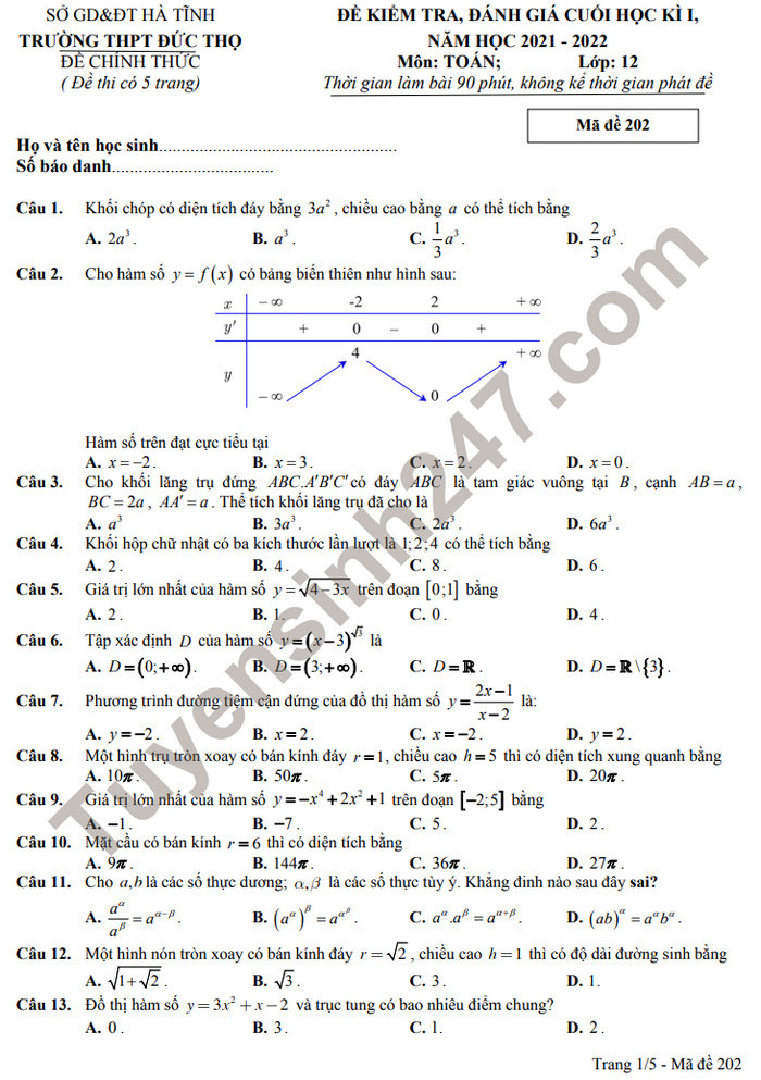 Đề thi học kì 1 năm 2021 Toán lớp 12 - THPT Đức Thọ (có đáp án)