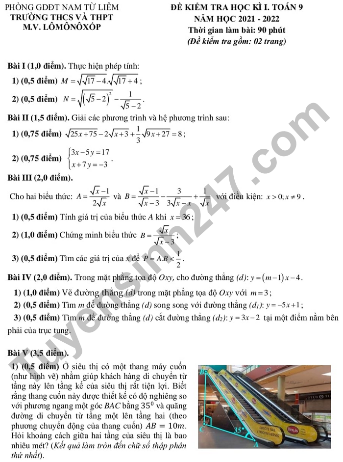 Đề kiểm tra học kì 1 lớp 9 môn Toán - THCS và THPT M.V.Lômônôxốp 2021