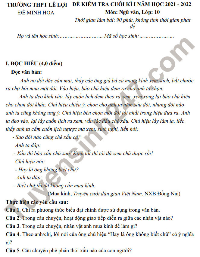 Đề thi kì 1 môn Văn lớp 10 năm 2021 THPT Lê Lợi (minh họa)