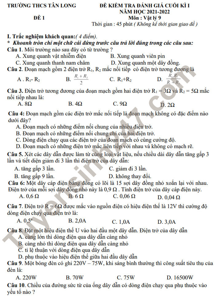 Đề thi học kì 1 môn Lý lớp 9 - THCS Tân Long năm 2021