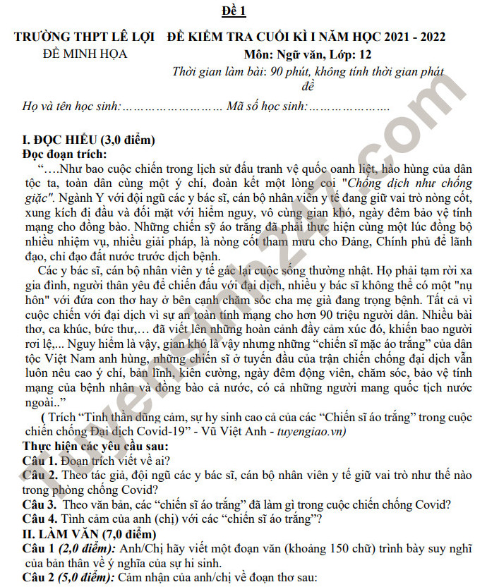 Đề thi học kì 1 lớp 12 môn Văn 2021 - THPT Lê Lợi (Đề tham khảo)