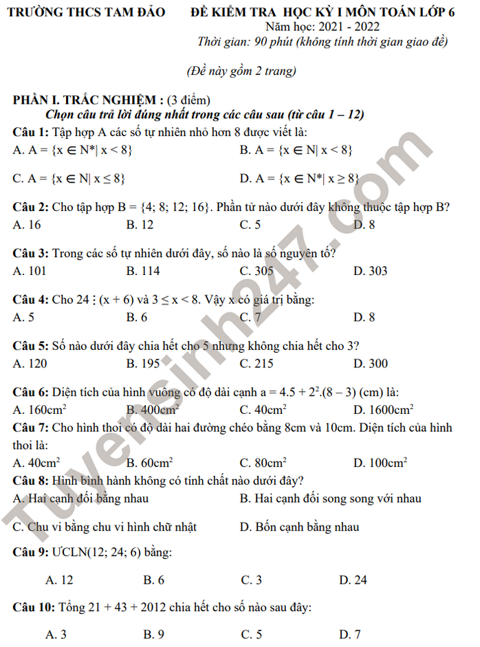 Đề kiểm tra học kì 1 lớp 6 môn Toán - THCS Tam Đảo 2021