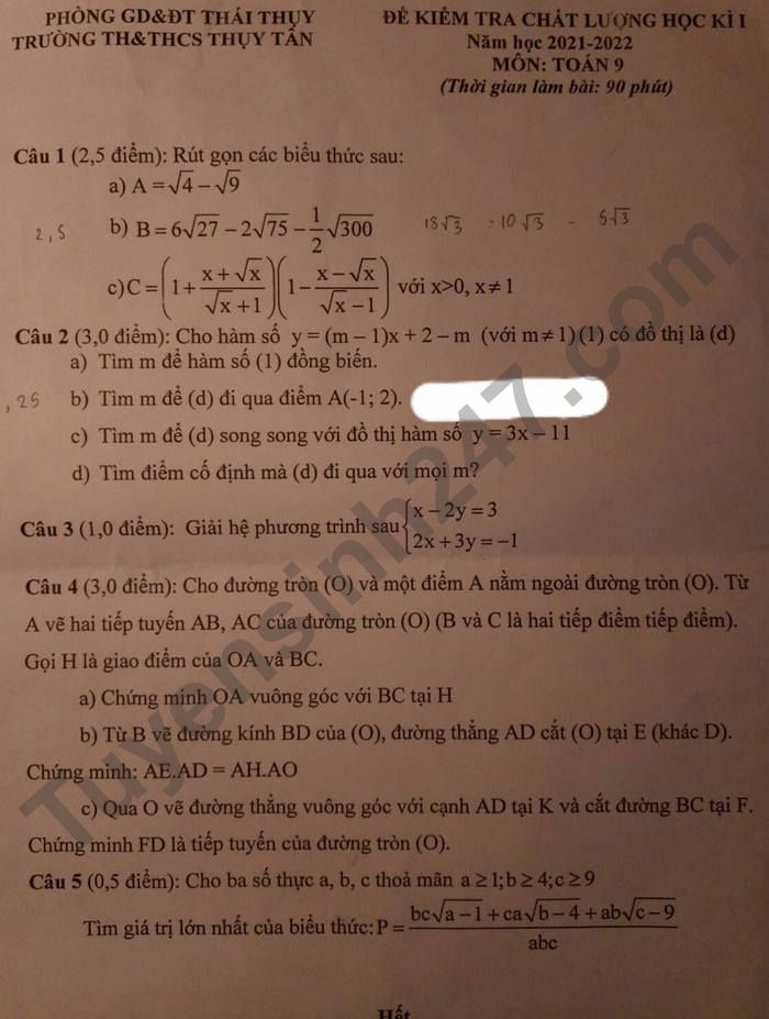 Đề thi kì 1 môn Toán lớp 9 - TH&THCS Thụy Tân 2021