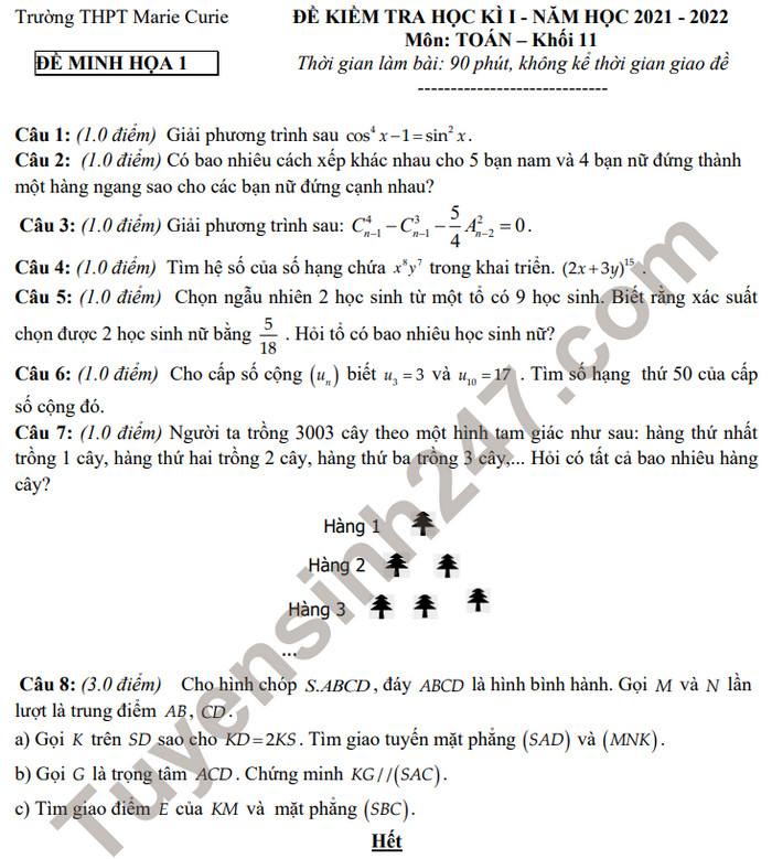 Đề kiểm tra học kì 1 Toán 11 năm 2021 - THPT Marie Curie (tham khảo)