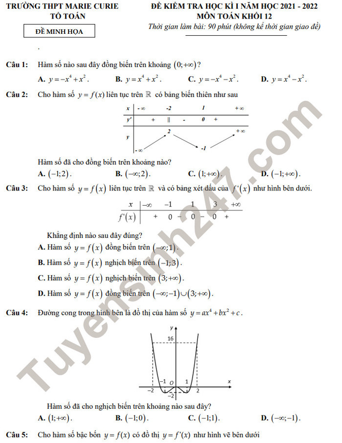 Đề thi học kì 1 năm 2021 lớp 12 môn Toán - THPT Marie Curie (minh họa)