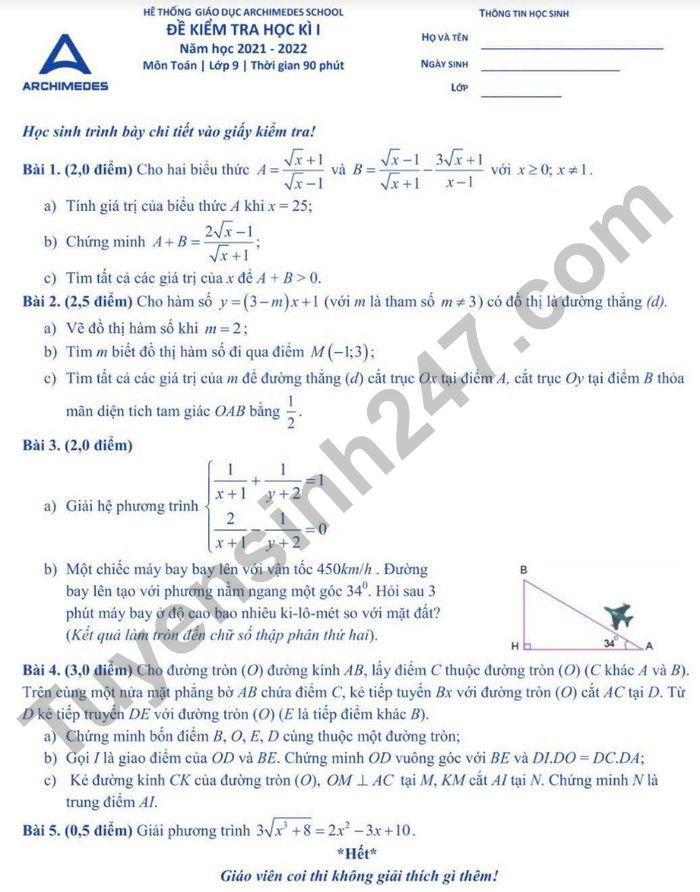 Đề thi học kì 1 năm 2021 lớp 9 môn Toán - Archimedes School