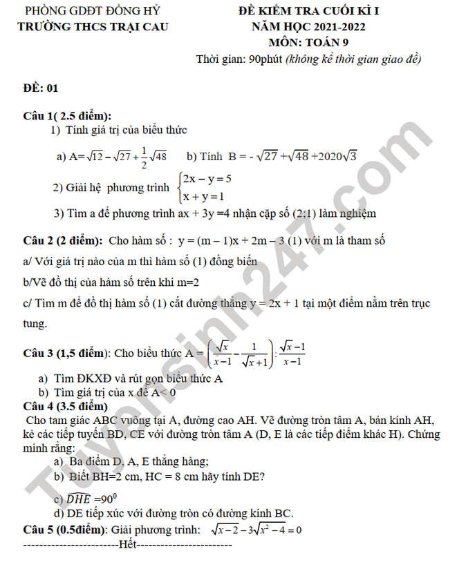 Đề thi học kì 1 lớp 9 môn Toán - năm 2021 THCS Trại Cau (có đáp án)