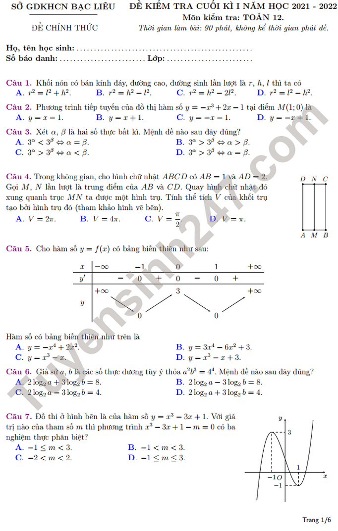 Đề thi học kì 1 lớp 12 môn Toán - Sở GDKHCN Bạc Liêu năm 2021