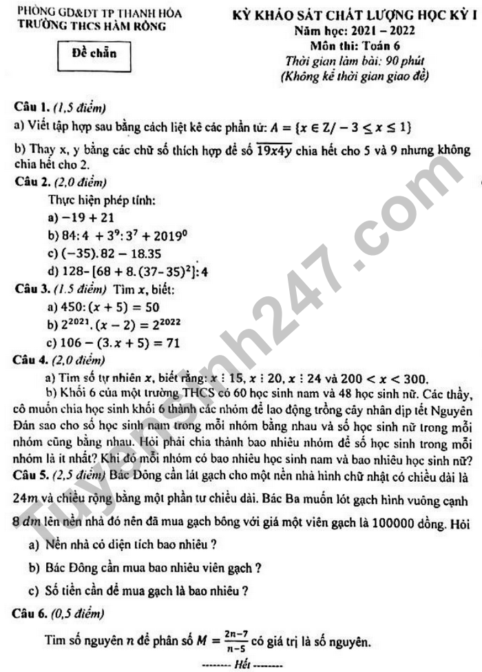 Đề thi học kì 1 năm 2021 THCS Hàm Rồng - lớp 6 môn Toán