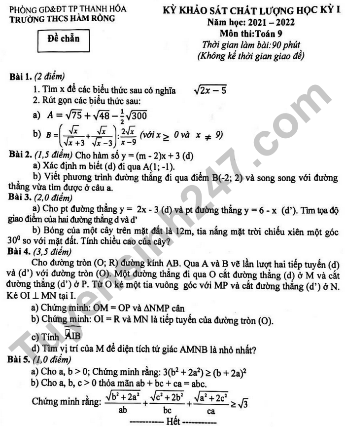 Đề thi học kì 1 Toán lớp 9 THCS Hàm Rồng 2021
