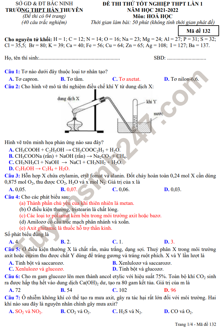 Đề thi thử tốt nghiệp THPT 2022 THPT Hàn Thuyên - môn Hóa lần 1