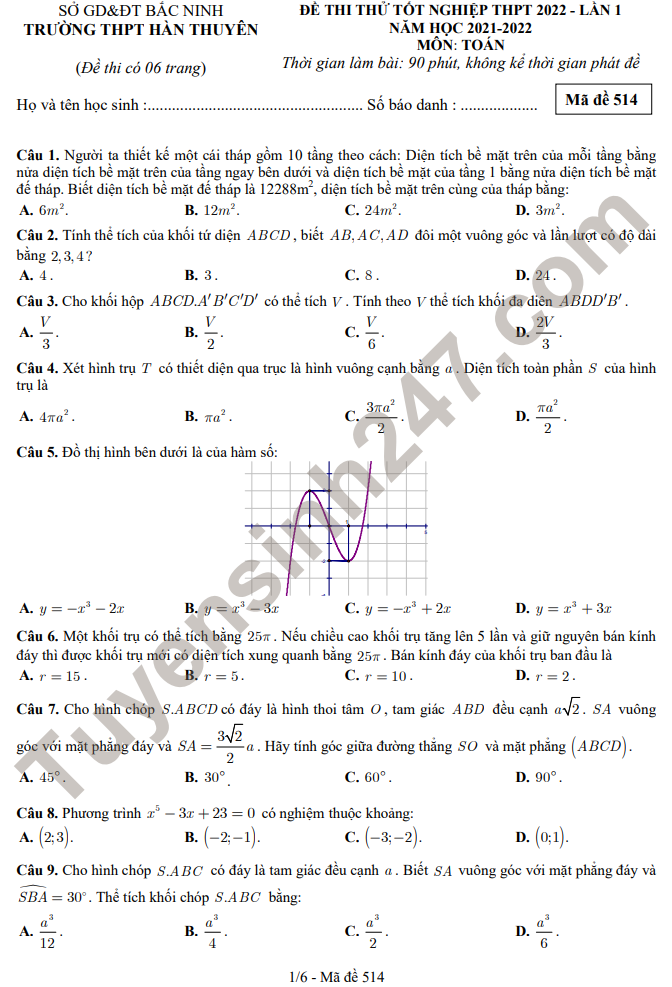 Đáp án đề thi thử tốt nghiệp THPT 2022 môn Toán lần 1 - THPT Hàn Thuyên