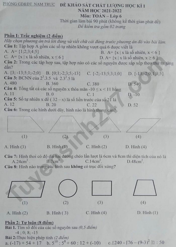 Đề thi học kì 1 năm 2021 Phòng GD Nam Trực - lớp 6 môn Toán