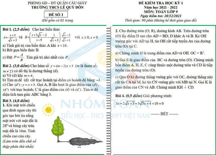 Đề thi học kì 1 năm 2021 THCS Lê Quý Đôn - môn Toán lớp 9