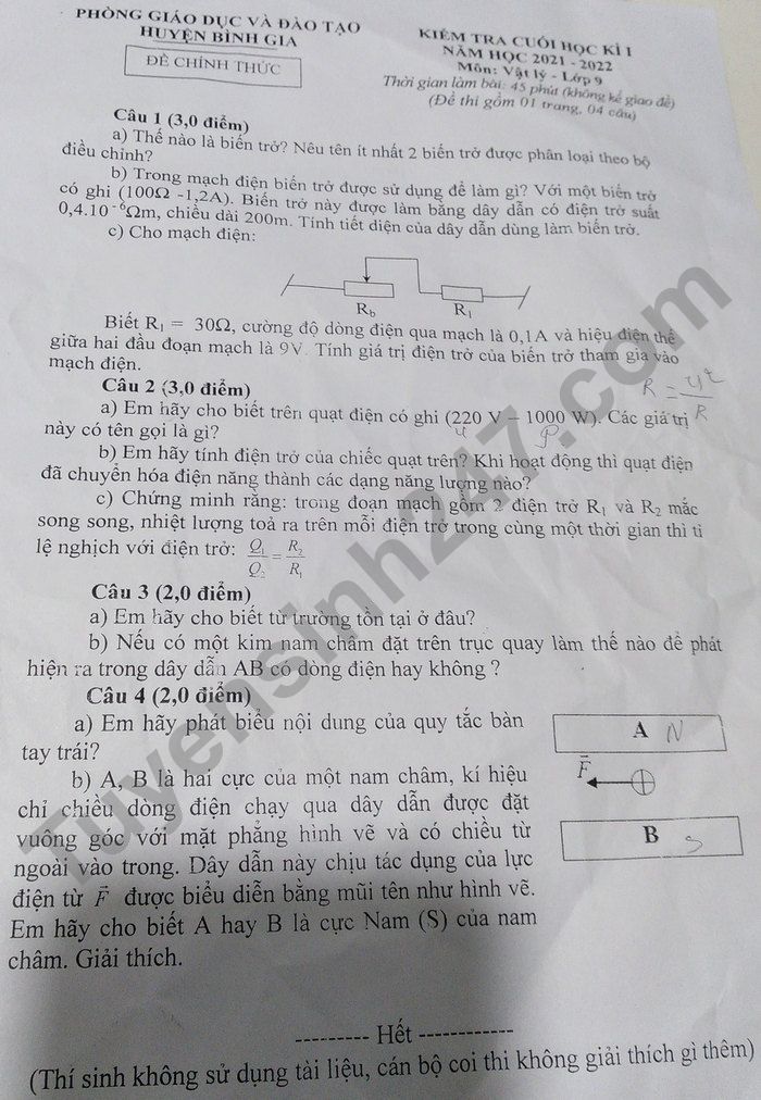 Đề thi học kì 1 lớp 9 môn Lý năm 2021 - Phòng GD Bình Gia