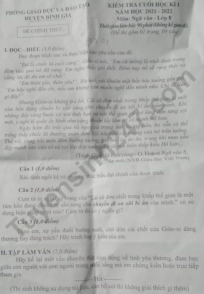 Đề thi học kì 1 năm 2021 Phòng GD Bình Gia - lớp 8 môn Văn