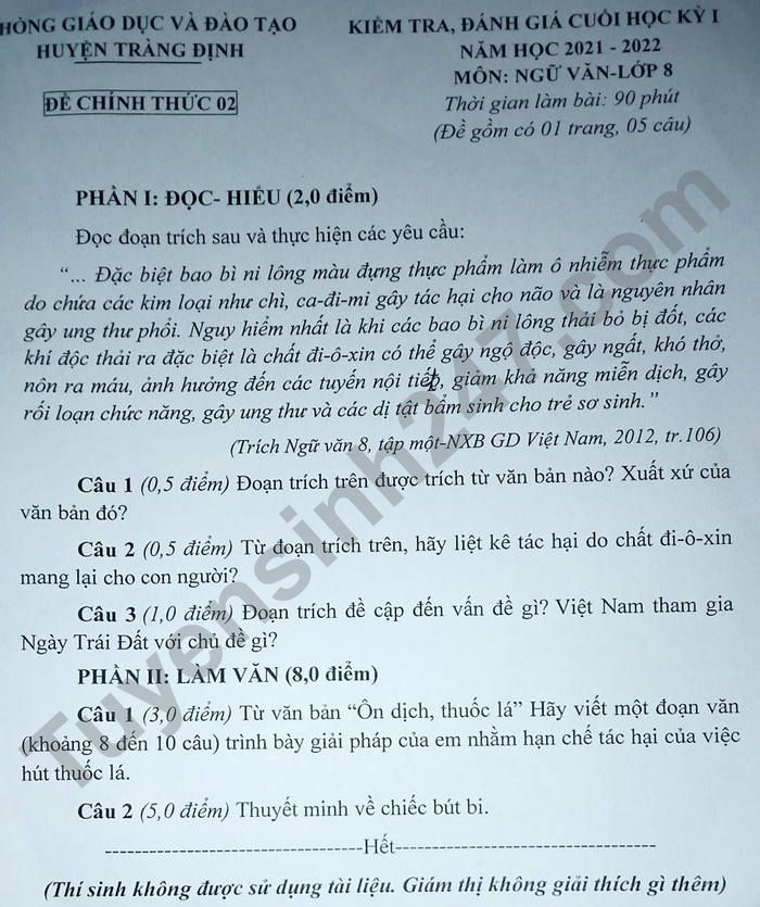 Đề thi học kì 1 Văn lớp 8 - Phòng GD Tràng Định năm 2021