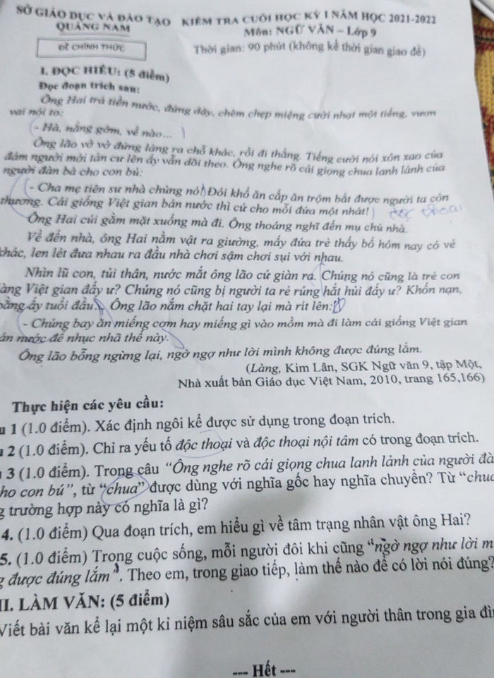 Đề kiểm tra học kì 1 lớp 9 môn Văn 2021 - tỉnh Quảng Nam