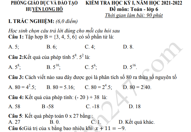 Đề thi kì 1 môn Toán lớp 6 - Phòng GD Long Hồ 2021 