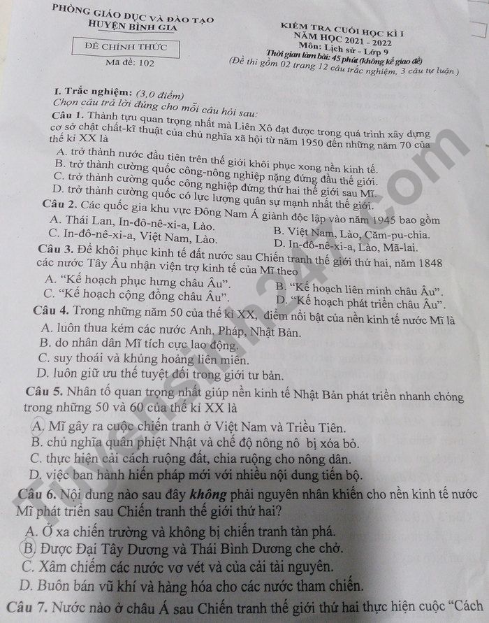 Đề thi học kì 1 môn Sử 9 Huyện Bình Gia 2021