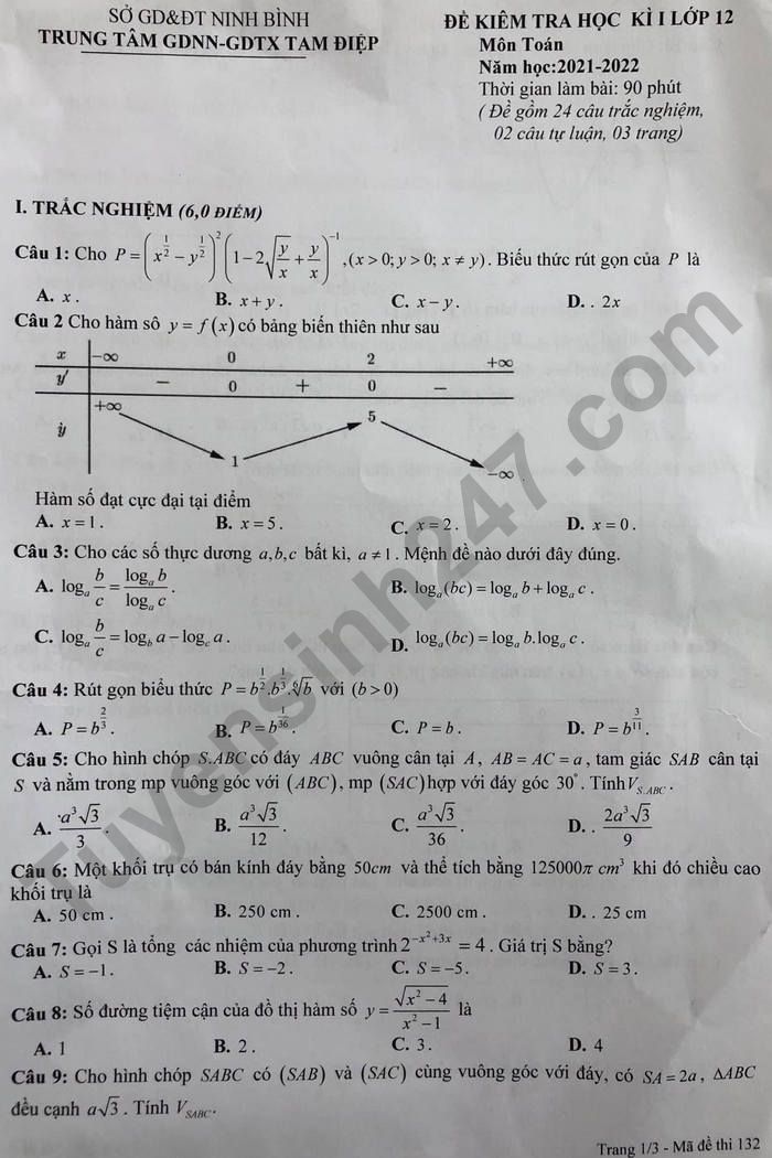 Đề thi học kì 1 Toán lớp 12 TT GDNN-GDTX Tam Điệp 2021