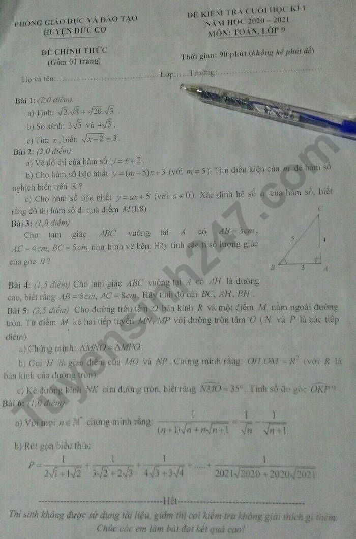 Đề thi học kì 1 năm 2021 lớp 9 môn Toán - Phòng GD Đức Cơ