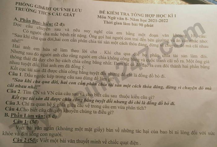 Đề thi học kì 1 năm 2021 THCS Cầu Giát - lớp 8 môn Văn