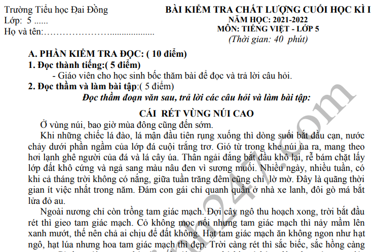 Đề thi kì 1 môn Tiếng Việt lớp 5 năm 2021 - TH Đại Đồng