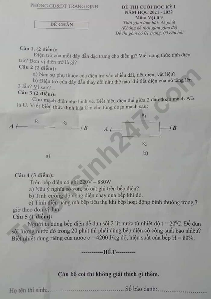 Đề thi cuối kì 1 năm 2021 lớp 9 môn Lý - Huyện Tràng Định