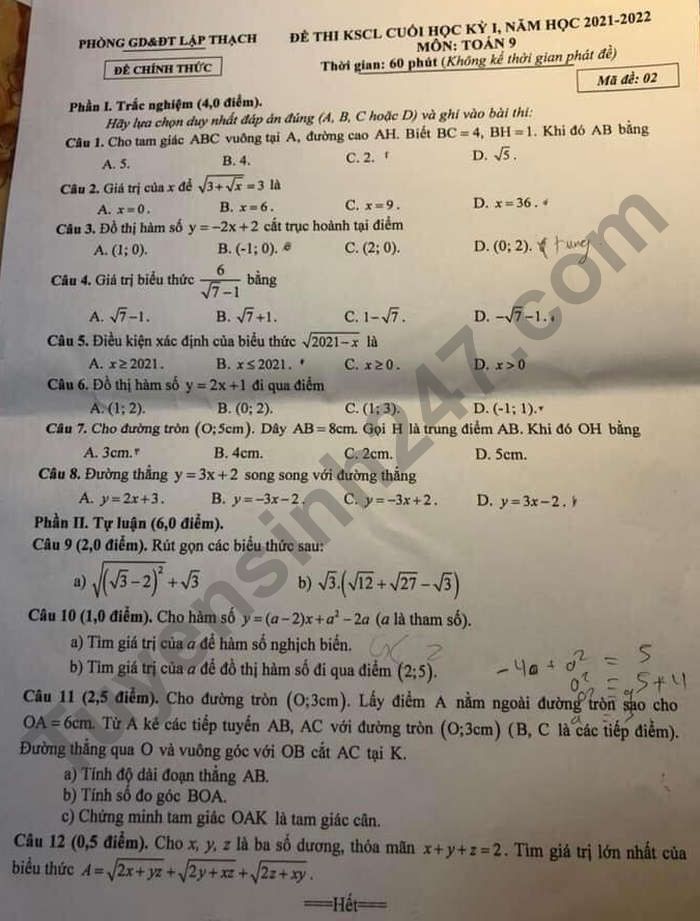 Đề thi học kì 1 lớp 9 môn Toán - Phòng GD Lập Thạch 2021