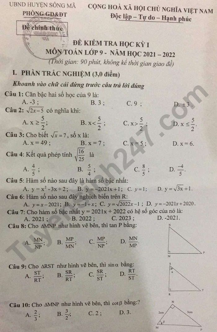 Đề thi học kì 1 lớp 9 môn Toán 2021 - Phòng GD Sông Mã