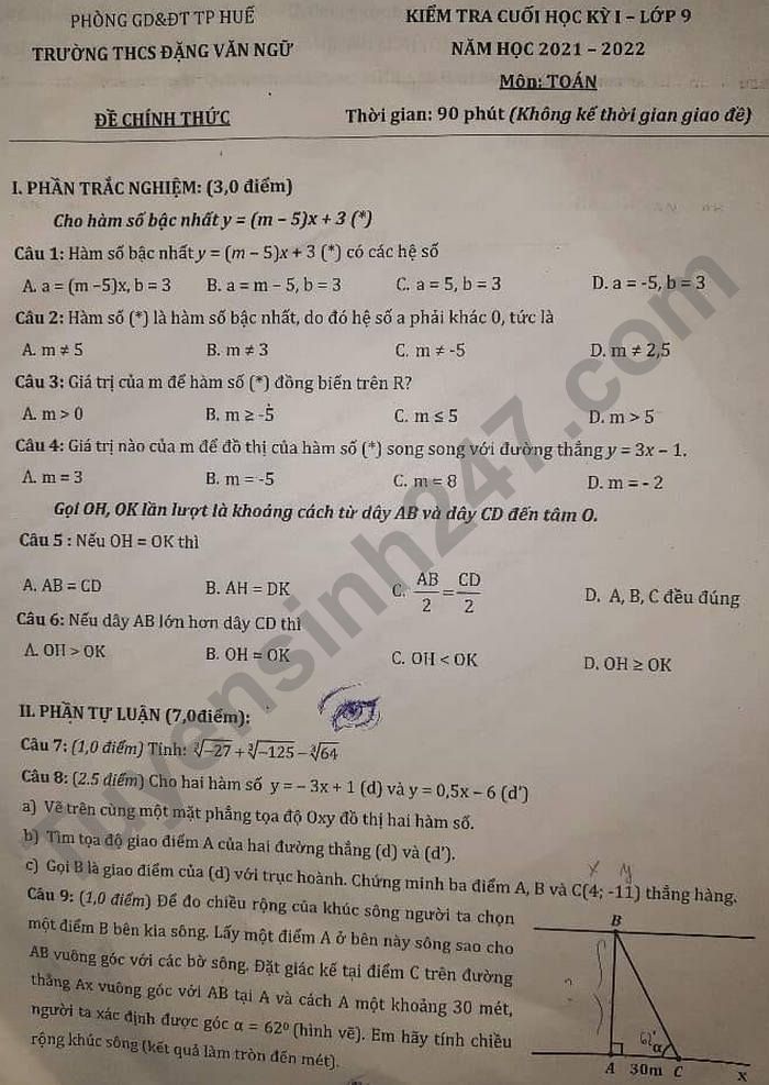 Đề thi học kì 1 Toán lớp 9 THCS Đặng Văn Ngữ 2021