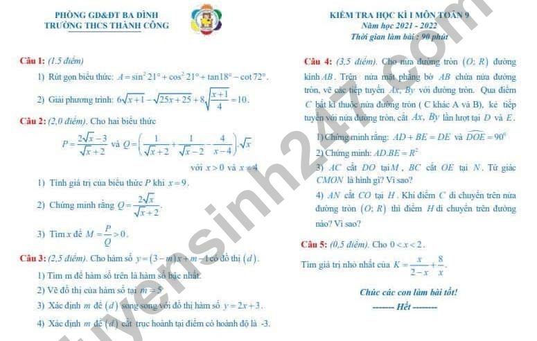 Đề thi học kì 1 môn Toán lớp 9 - THCS Thành Công 2021