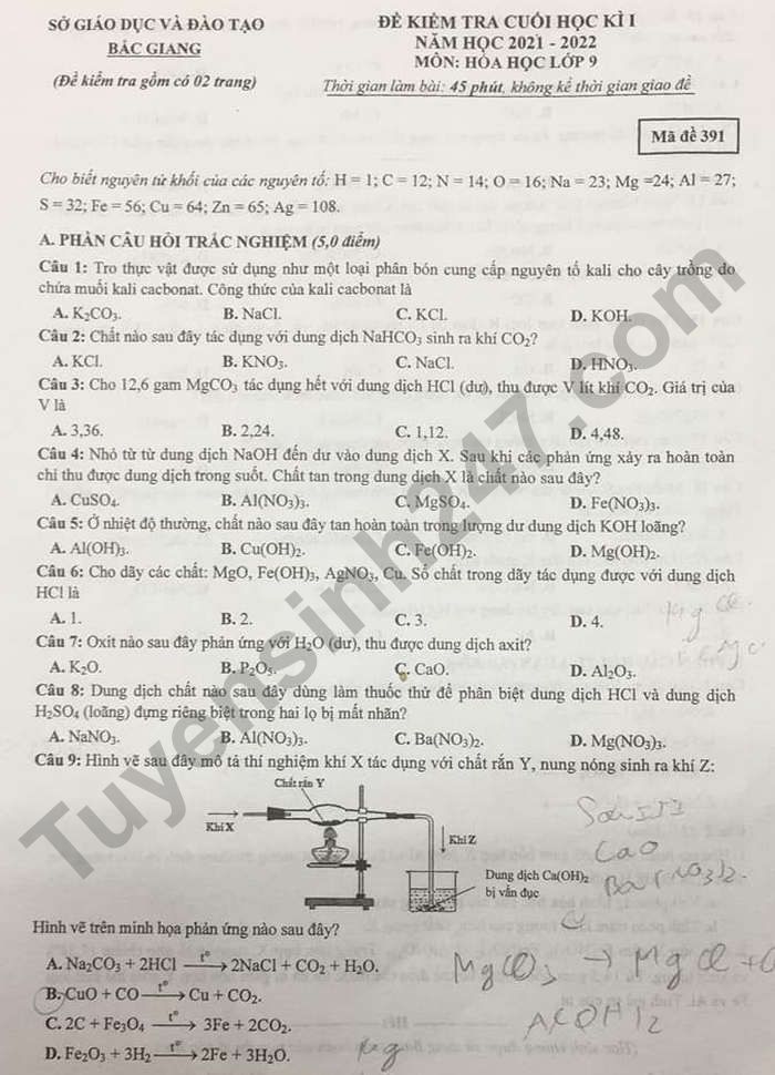 Đề thi môn Hóa lớp 9 học kì 1 năm 2021 tỉnh Bắc Giang