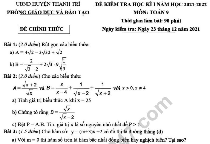 Đề thi kì 1 môn Toán lớp 9 - Phòng GD Thanh Trì 2021