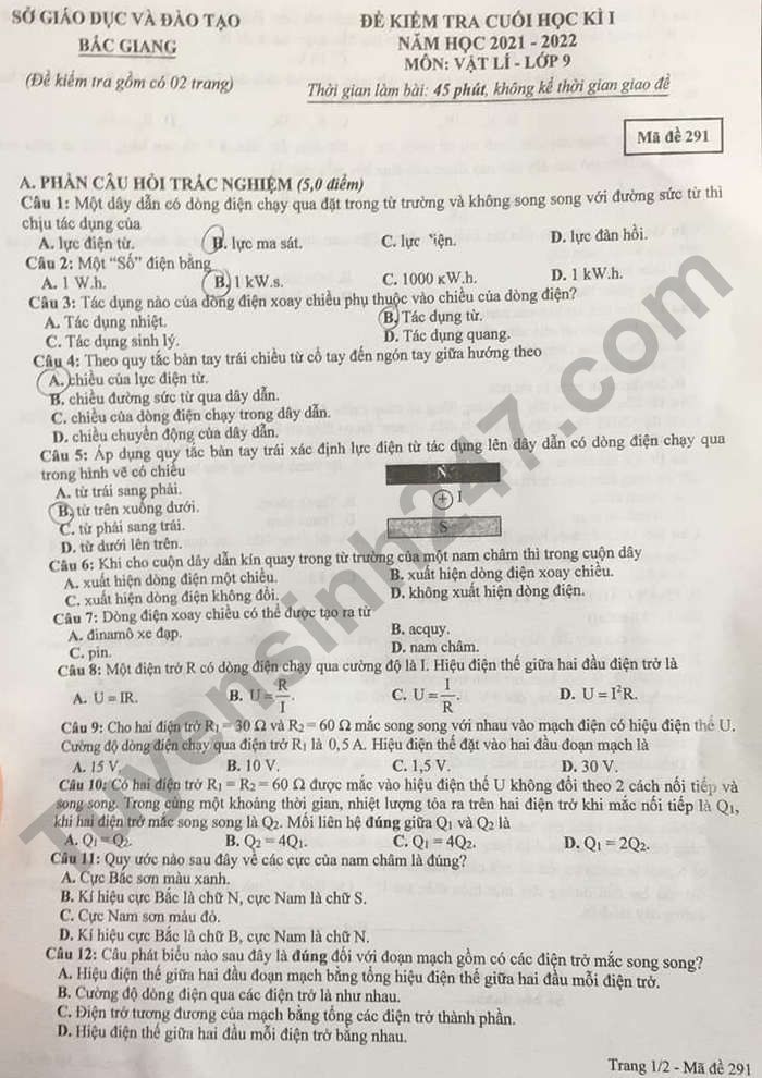 Đề thi học kì 1 lớp 9 môn Lý - tỉnh Bắc Giang 2021