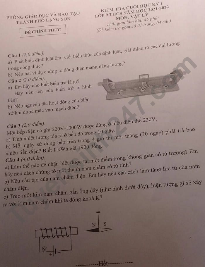 Đề thi cuối kì 1 năm 2021 TP Lạng Sơn lớp 9 môn Lý