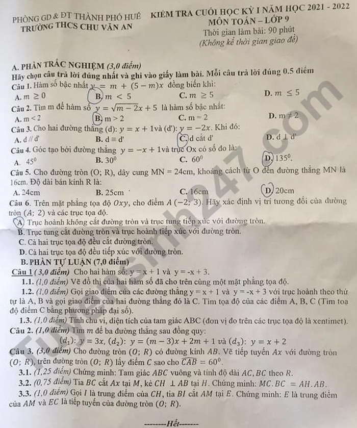 Đề thi cuối kì 1 lớp 9 môn Toán - THCS Chu Văn An 2021