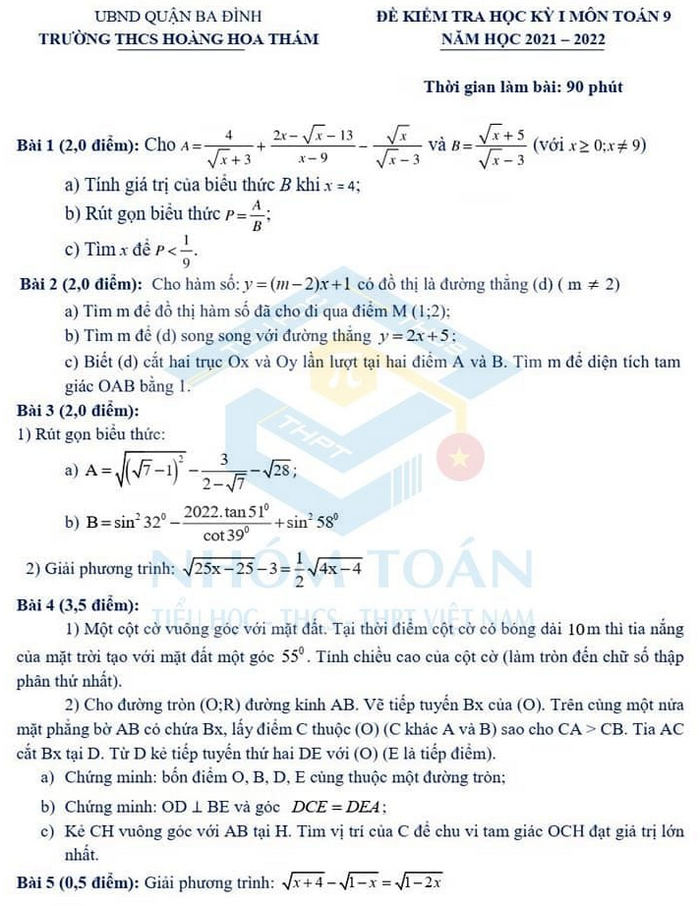 Đề thi học kì 1 lớp 9 năm 2021 - THCS Hoàng Hoa Thám môn Toán