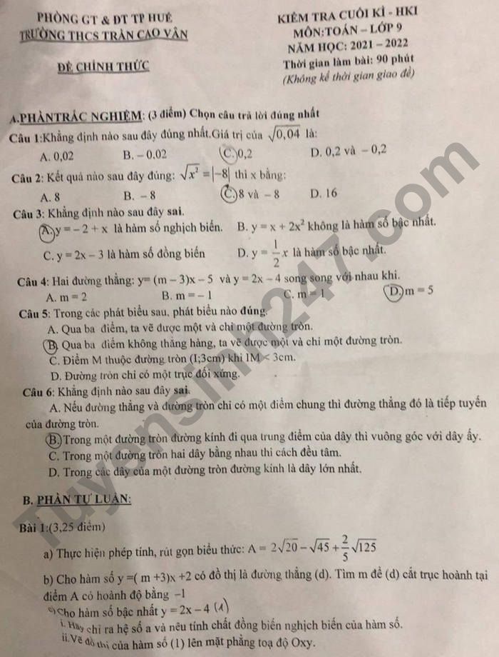 Đề thi học kì 1 môn Toán 9 năm 2021 - THCS Trần Cao Vân