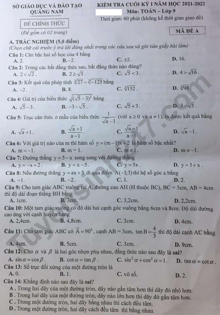 Đề thi học kì 1 Toán lớp 9 tỉnh Quảng Nam năm 2021