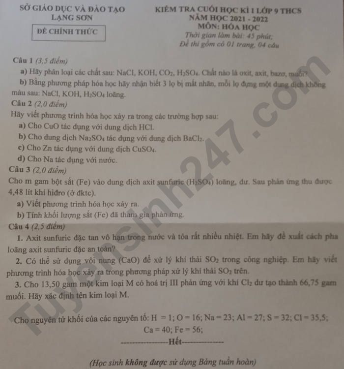 Đề thi cuối kì 1 năm 2021 lớp 9 môn Hóa - Sở GD Lạng Sơn