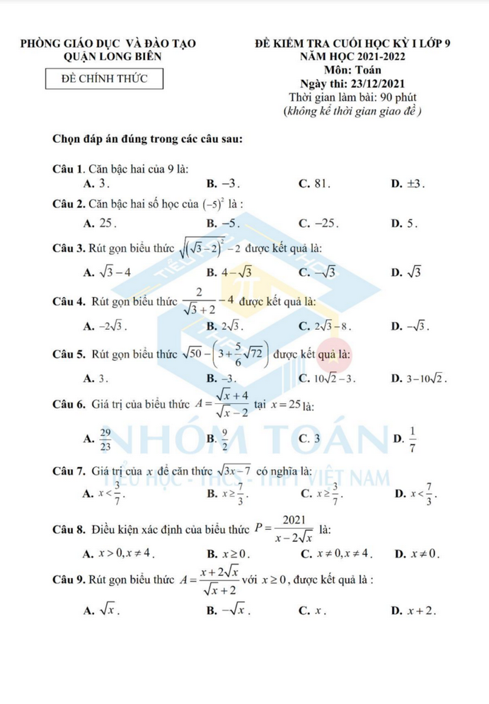 Đề kiểm tra học kì 1 2021 lớp 9 môn Toán Phòng GD Long Biên