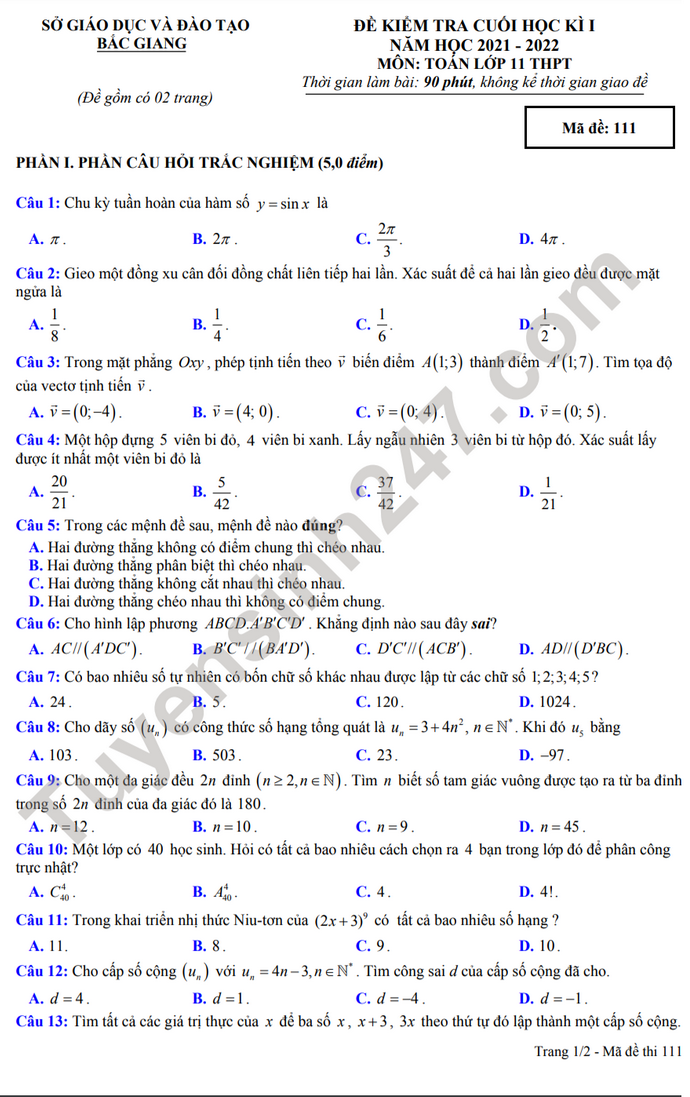 Đề thi học kì 1 lớp 11 môn Toán 2021 Tỉnh Bắc Giang