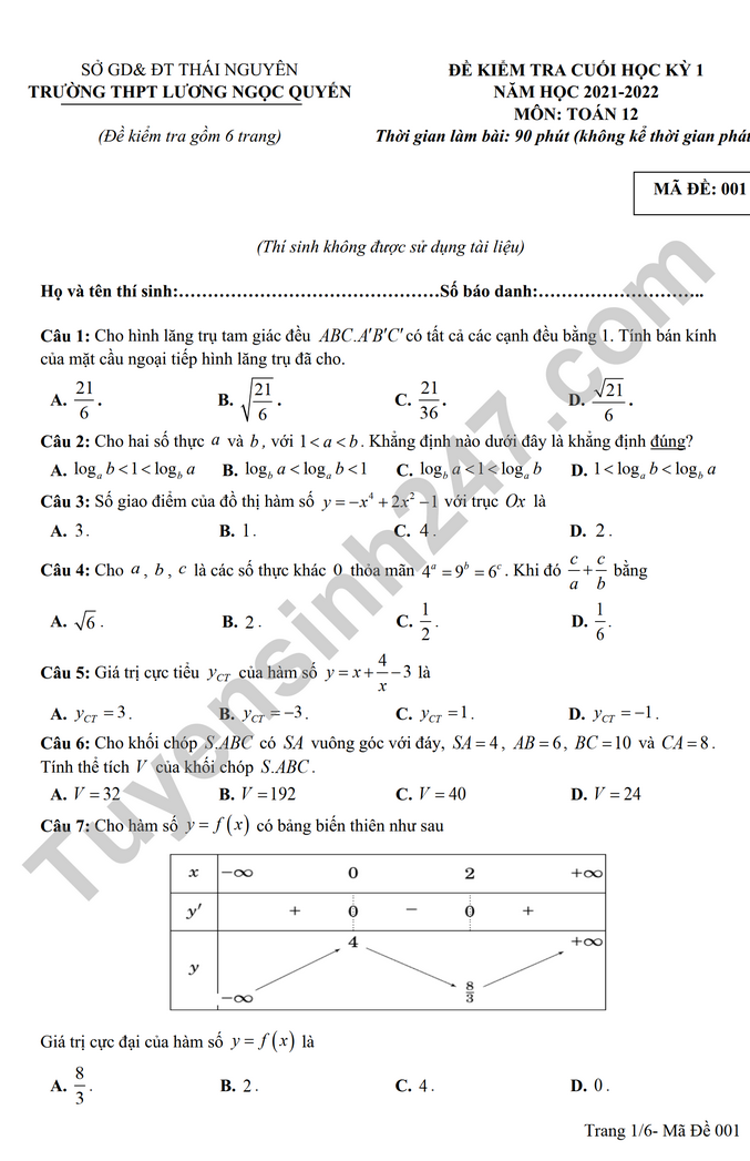 Đề thi cuối học kì 1 THPT Lương Ngọc Quyến lớp 12 2021 - môn Toán