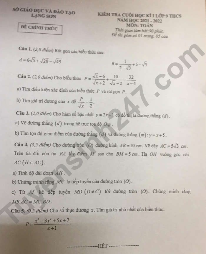 Đề thi học kì 1 lớp 9 môn Toán - Sở GD Lạng Sơn 2021